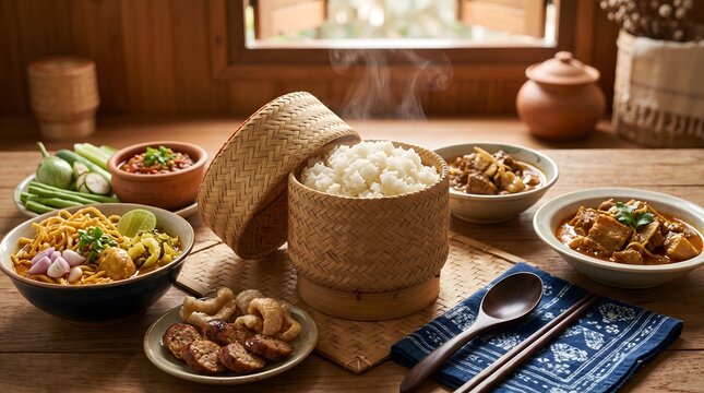 Northern Thai Cuisine featuring authentic Lanna dishes Traditional Thai Northern Cuisine with Steaming Jasmine Rice in Woven Basket and Authentic Side Dishes in Rustic Setting