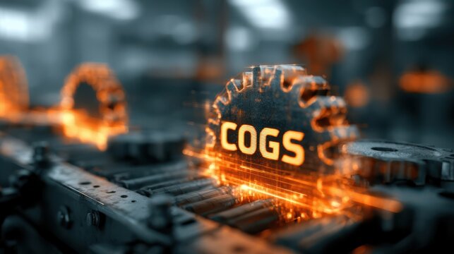 A glowing, futuristic cogwheel labeled "COGS" moves along an industrial conveyor, symbolizing mechanics and technology in a high-tech manufacturing setting.