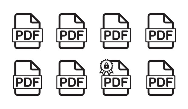 Set of pdf file type icons in black and white, vector illustration of portable document format symbol.