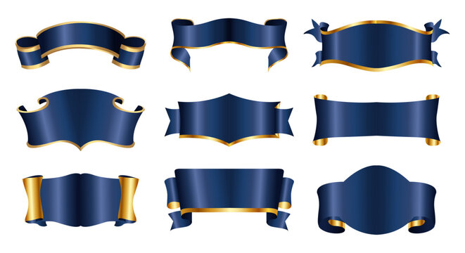 collection of luxurious title ribbons with blue and gold edges. Luxury ribbons isolated on white background. vector