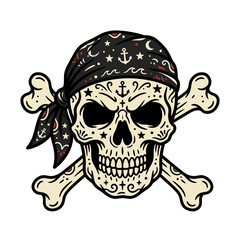 Fototapeta premium Pirate Skull and Crossbones with Detailed Bandana Motif Illustration