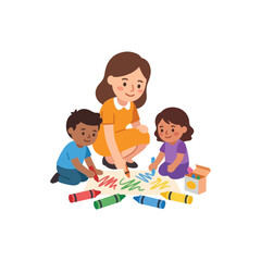 Obraz premium Teacher and children drawing and coloring with crayons on paper, early education