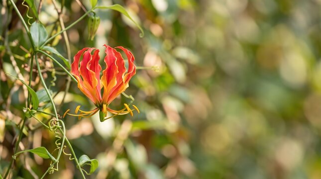 Flame Lily Flower with Tendrils and Bokeh Background Detailed Macro Shot