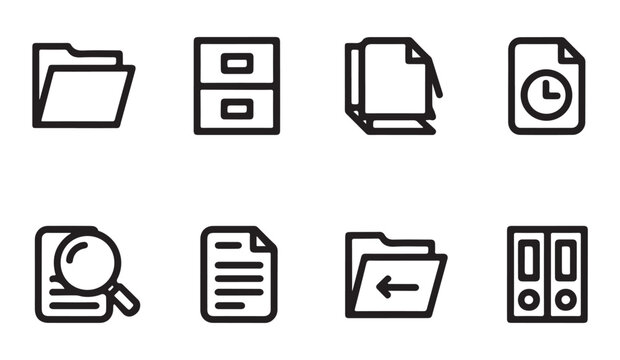 Set of eight folder and file icons in black and white line art on isolated white background.