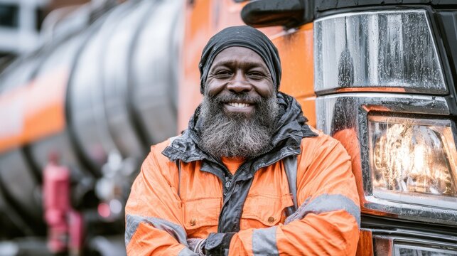 Smiling bearded male worker in orange safety jacket standing confidently beside a large industrial truck outdoors in cold weather