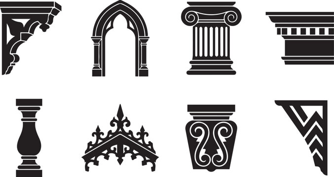 Set of black architectural silhouettes featuring gothic arches, classical columns, ornate corbels, balusters, and decorative roof gables
