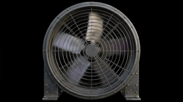 A detailed 3D model animation of a heavy-duty industrial metal ventilation fan with spinning blades behind a protective wire guard, isolated on a solid black backdrop. Perfect for factory environmenta