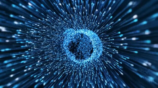 Blue digital particles explode around globe