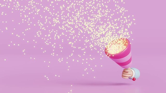 3d hand holding explosion firecracker with confetti isolated on pink background.