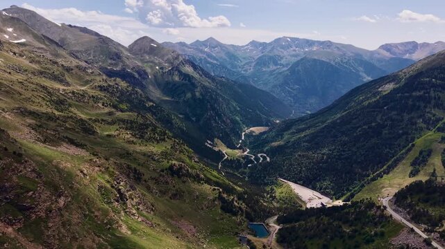 Aerial drone view of mountain lakes in Andorra