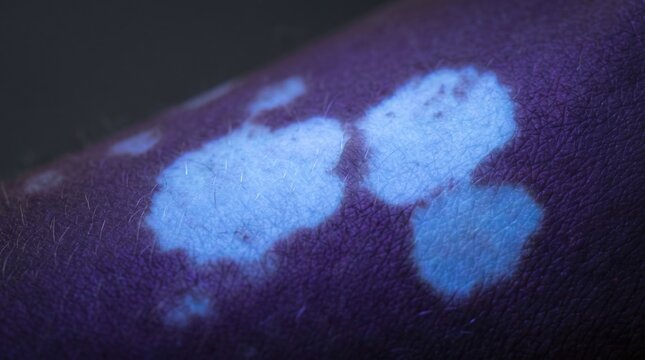 Abstract view of vitiligo skin patches or depigmentation diagnosed under ultraviolet wood lamp examination