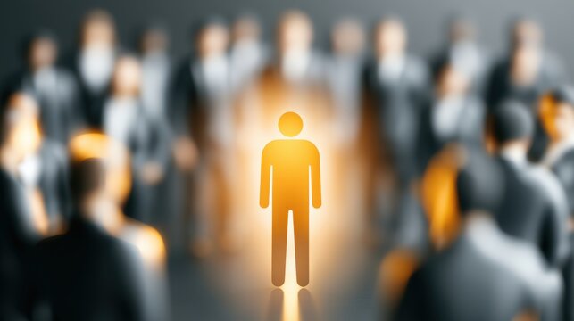 Concept of individual standing out in a crowd illuminated with bright yellow light surrounded by blurred figures symbolizing uniqueness and leadership in business or society