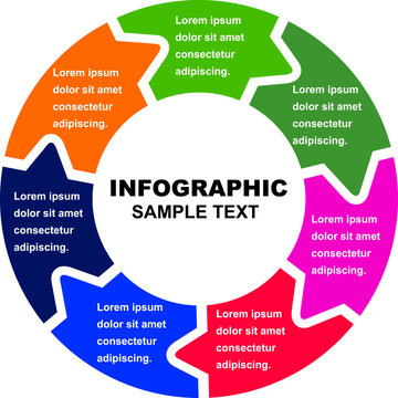 Circular puzzle arrow infographic with seven colorful steps, interlocking loop diagram for business process, modern vector slide template