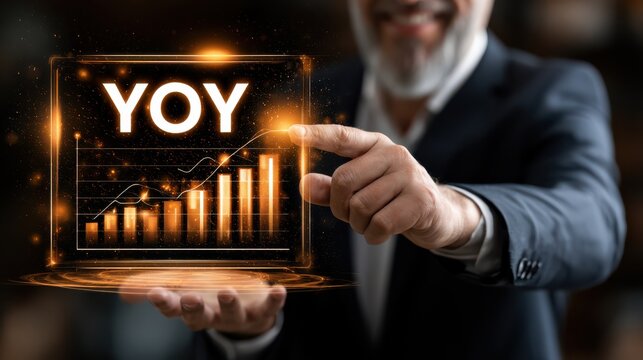 A businessman presents a glowing digital chart showing year-over-year (YOY) growth with rising bars and line graph data.