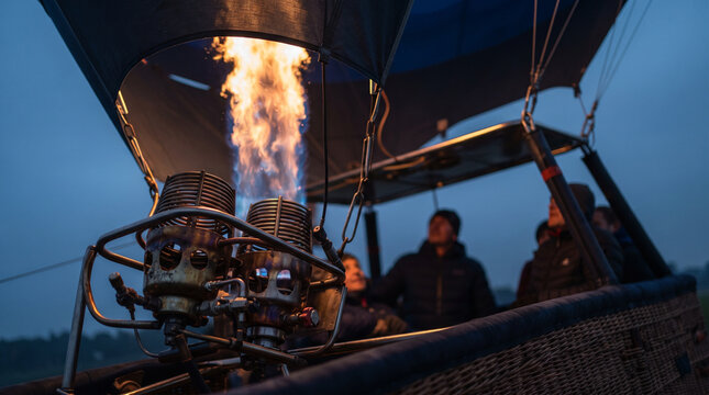 Hot Air Balloon Burner with Flame at Dusk