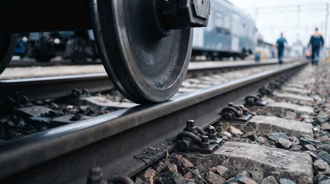 Train wheel on railway track close up