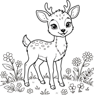 Young deer illustration with floral ornament on a white background