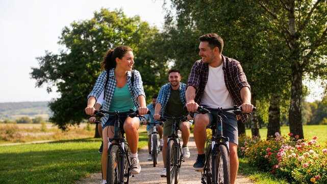 Group of happy friends riding bicycles on countryside path ideal for travel marketing outdoor recreation advertisement and summer holiday banner