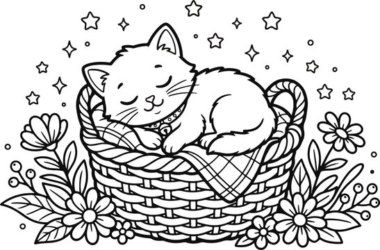 Sleeping kitten in a woven basket black and white line art
