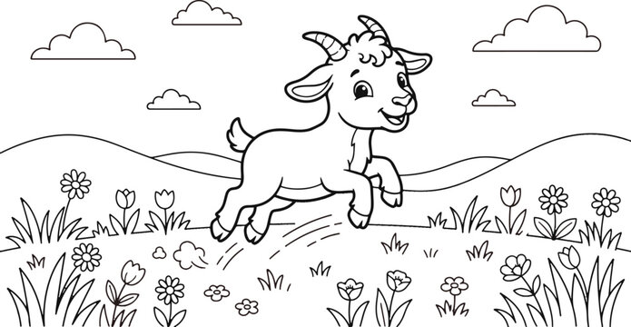 Running goat in a pastoral scene black and white vector illustration