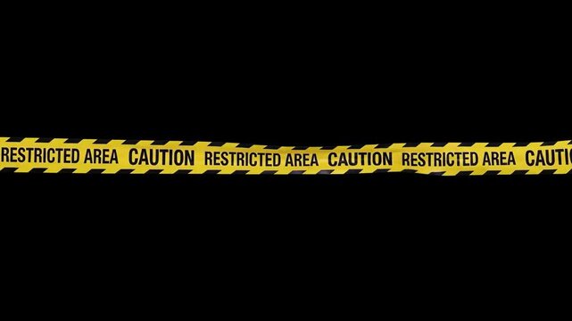 A horizontal yellow caution barrier tape printed with "Caution Restricted Area" text against a black background. Ideal for crime scene animations, hazard zones, or security overlays.