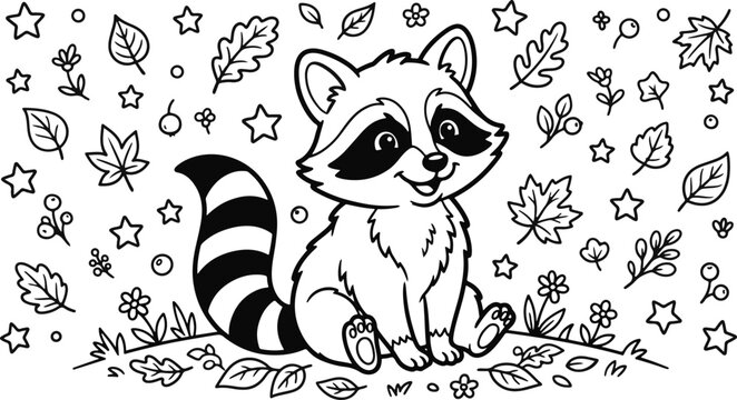 Raccoon And Autumn Leaves Black And White Vector Illustration