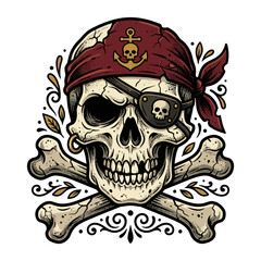 Fototapeta premium Pirate Skull with Bandana and Crossbones - Vector Graphic