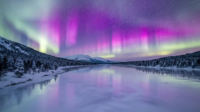 mesmerizing aurora borealis dancing in the night sky above a frozen lake and snow-covered pine forest, vibrant purple and green lights illuminating the stars, serene winter landscape