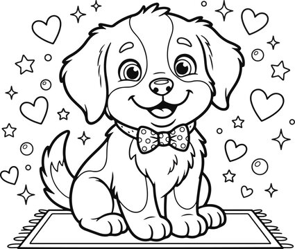 Cartoon puppy illustration with hearts and stars black and white line art
