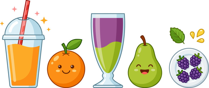 Cute vector illustration elements featuring fresh fruit juices smoothies layered drink cup blackberries with adorable smiling kawaii characters isolated on white background for health branding.