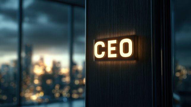 Illuminated CEO sign mounted on a dark office wall with a blurred cityscape visible through large windows at dusk.