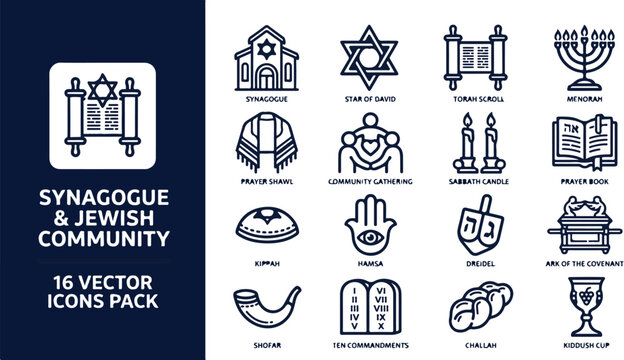 Collection of Line Art Religious Symbols Representing Jewish Tradition and Synagogue Community Practices.