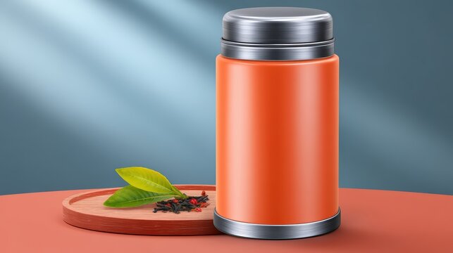 Orange tea canister mockup with loose tea leaves and wooden tray