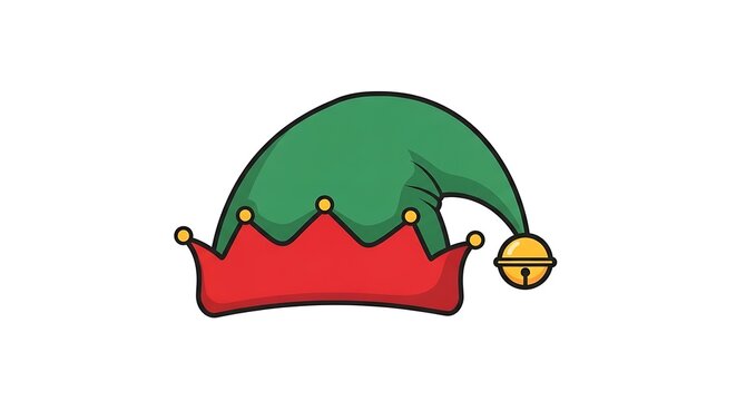 Green and red cartoon christmas elf hat with golden bell holiday costume accessory vector illustration icon