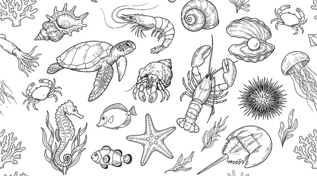 Hand drawn seamless pattern with marine life underwater creatures sea turtle lobster shrimp starfish and coral vector