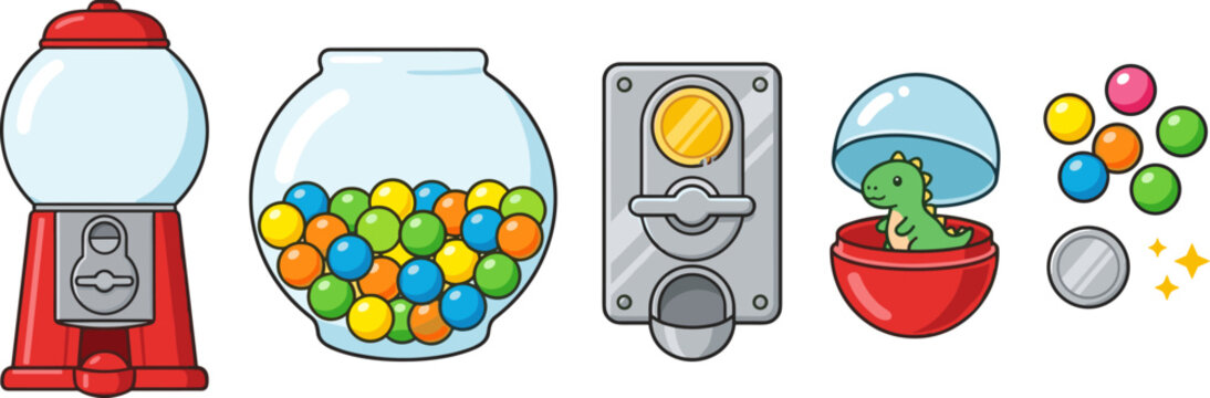 Colorful vector illustration elements featuring a red gumball machine candy glass jar coin mechanism and surprise capsule toy isolated on white background 