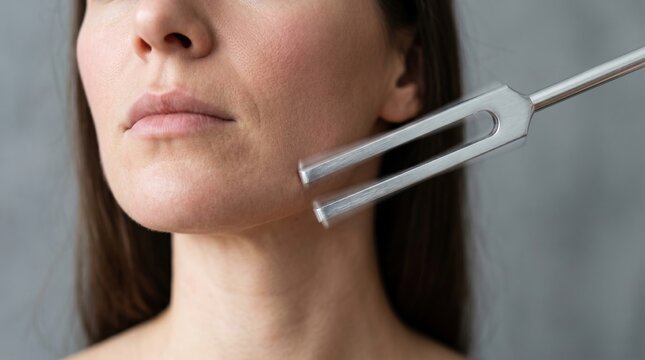 Close up of professional metal tuning fork vibrating near woman face for acoustic sound healing therapy