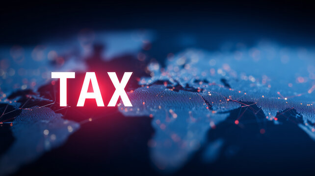 Tax text on a digital world map representing global tax compliance, international finance regulation and fiscal strategy.
