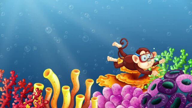 Cartoon Monkey Swimming Underwater Through Colorful Coral Reef Animation