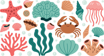 Cute Sea Life and Coral Reef Vector Element Set with Crab Starfish Jellyfish Seaweed and Seashells for Summer Beach Under the Sea Pattern and Poster Designs © MSTSumaiya
