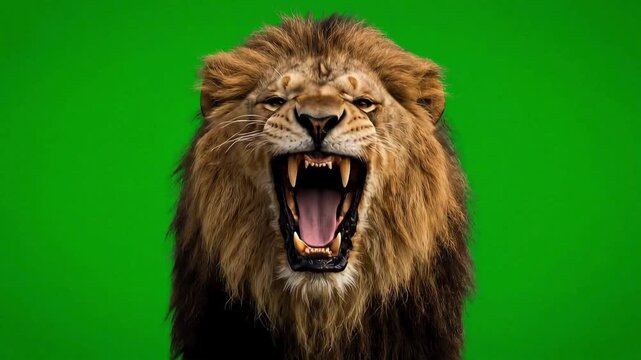 Majestic male lion head portrait close up isolated on green screen mane wildlife animal predator