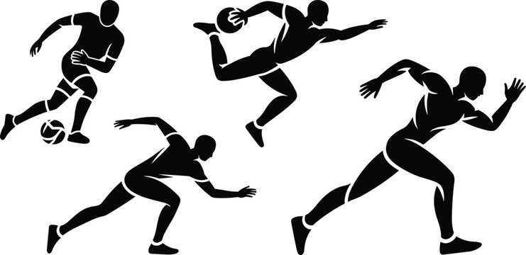 Silhouettes, of, athletes, running, sprinting, playing, soccer, and, handball, showing, fast, motion, isolated, on, white, background, vector, graphic, illustration