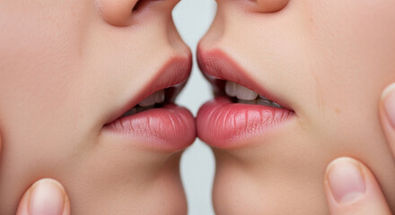 Naklejka premium Close-up of Two Pairs of Pink Lips Almost Touching in Intimate Kiss Moment