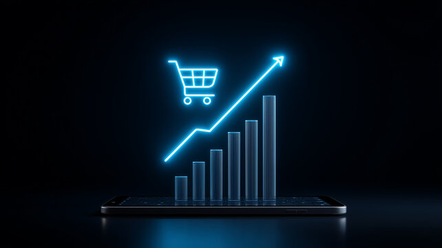 A shopping cart and rising bar chart emerge from a smartphone, illustrating ecommerce growth, mobile sales performance, digital retail expansion and increasing revenue.

