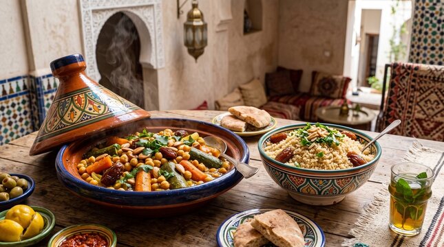 A steaming Moroccan vegetable tagine with dates and chickpeas, served alongside fluffy almond-topped couscous, flatbread, and traditional mint tea