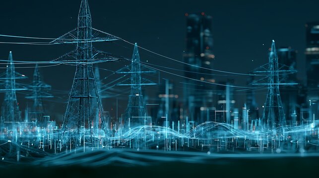 Smart city electrical infrastructure, AI controlled power transmission network, glowing energy pillars