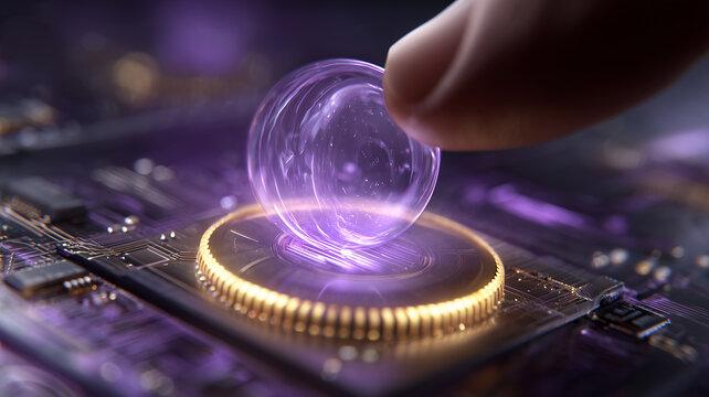 A fingertip touching a luminous sphere positioned on a computer processor, representing futuristic computing, digital interaction, intelligent systems and emerging technology innovation.
