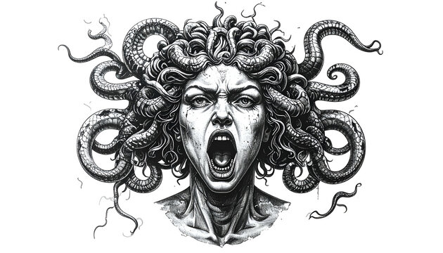 Screaming Medusa Monster Head with Snakes for Hair Isolated Black and White Illustration