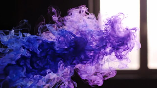Purple and blue ink cloud swirling and dissolving in water, abstract fluid motion, dark background, high detail, organic shapes, ethereal effect