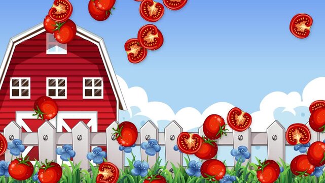 Cartoon Animation of Fresh Tomatoes Falling Over a Red Farm Barn